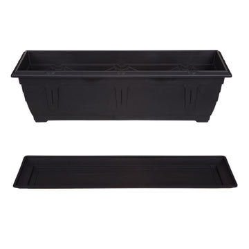 57cm Black Venetian Planter & 60cm Black Rectangle Window Box Planter & Plastic Venetian Drip Saucer Set