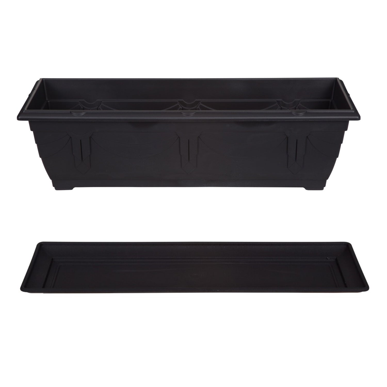 57cm Black Venetian Planter & 60cm Black Rectangle Window Box Planter & Plastic Venetian Drip Saucer Set