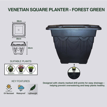 38cm Black Plastic Venetian Flower Pot Square Planter