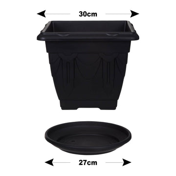 Set of 30cm 10L Black Plastic Square Venetian Planter & 27cm Round Saucer