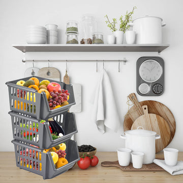 3Tier Stackable Fruit Vegetable Basket Plastic Grey