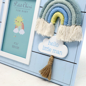 Blue Little Man with Macrame Rainbow - Petit Cheri Wooden Photo Frame