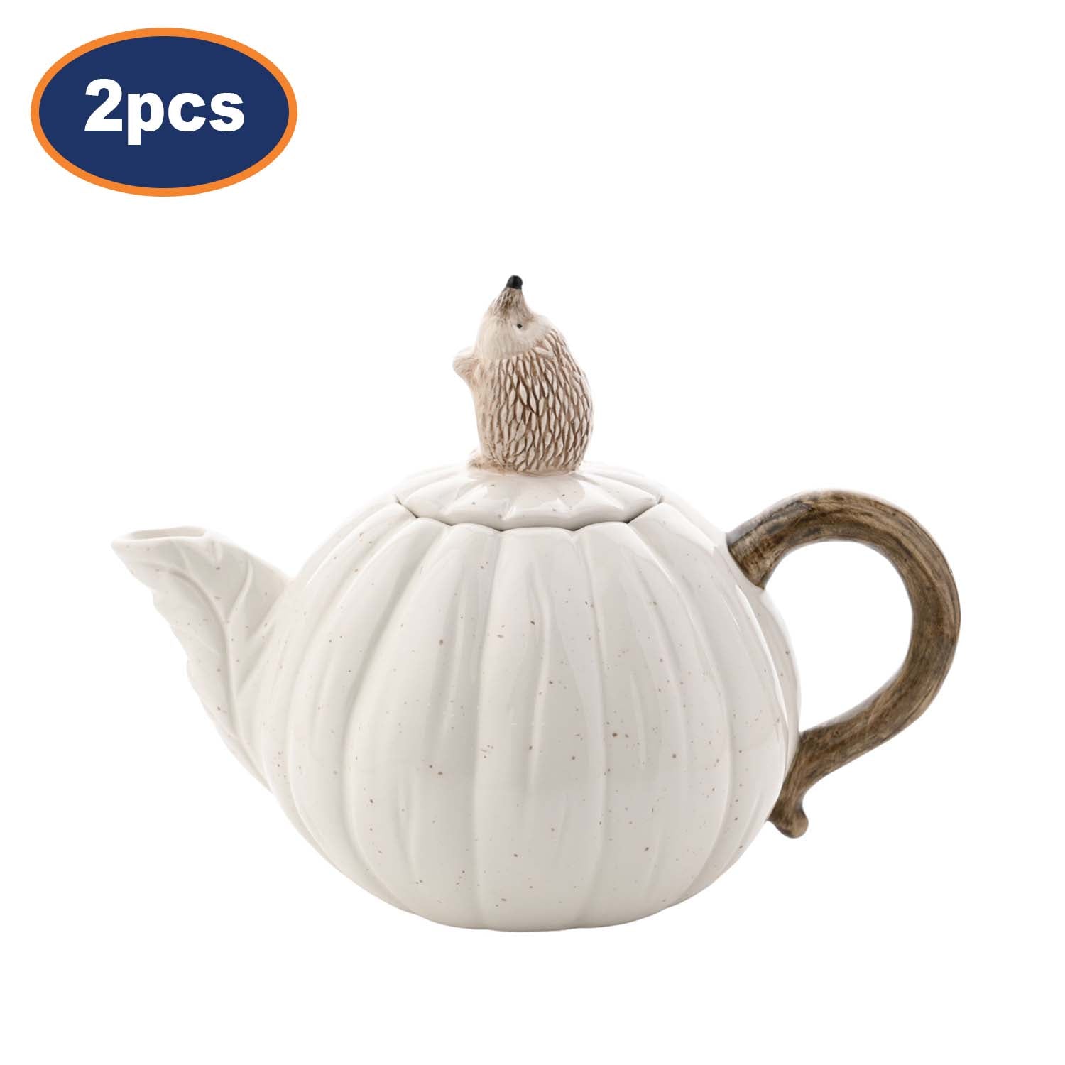 2Pcs 800ml White Ceramic Autumn Decor Pumpkin Shaped Teapot With Hedgehog Design Lid
