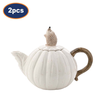 2Pcs 800ml White Ceramic Autumn Decor Pumpkin Shaped Teapot With Hedgehog Design Lid