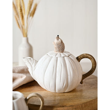 2Pcs 800ml White Ceramic Autumn Decor Pumpkin Shaped Teapot With Hedgehog Design Lid