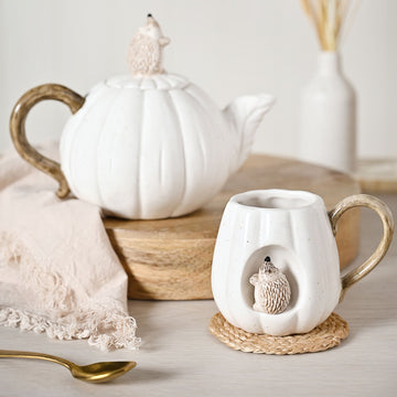 White Ceramic Autumn Decor Pumpkin Shaped Mug With 3D Hedgehog