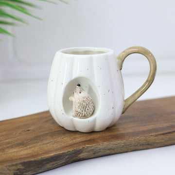 White Ceramic Autumn Decor Pumpkin Shaped Mug With 3D Hedgehog