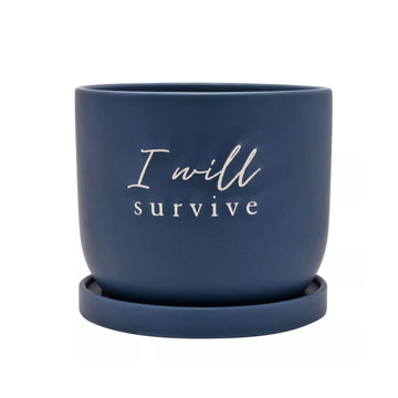 Navy Blue Ceramic Planter With Saucer - 'I Will Survive'