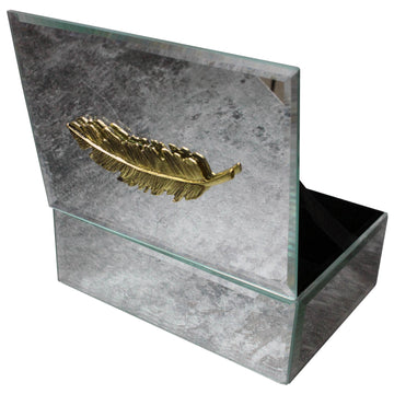 Large Mirrored Glass Trinket Box With Gold Feather