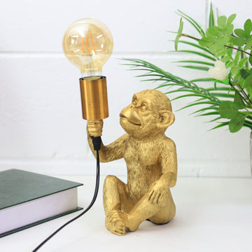 Gold Polyresin 3D Sitting Monkey Design 25cm Bulb Holder Desk Lamp