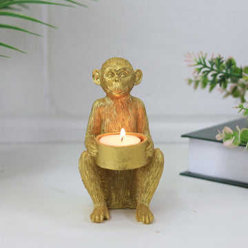 Gold Metallic Polyresin 3D Sitting Monkey Design Tea Light Holder