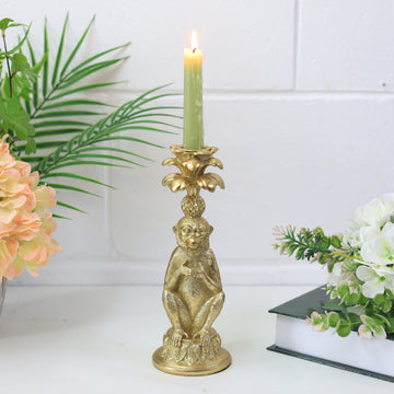 Gold Metallic Polyresin 3D Sitting Monkey Design Taper Candle Holder