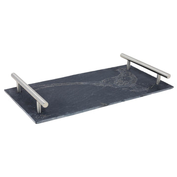 Meg Hawkins Black Rectangular Pheasant Slate Serving Tray With Metal Handles