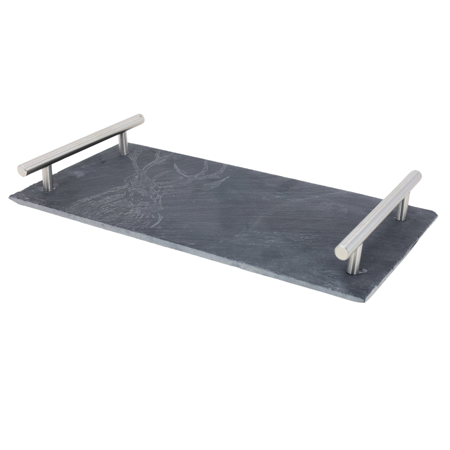 Meg Hawkins Black Rectangular Stag Design Slate Serving Tray With Metal Handles