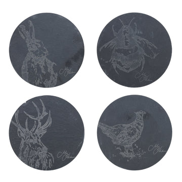 Meg Hawkins 4Pcs Black Round Engraved Animal Design Slate Coasters Set