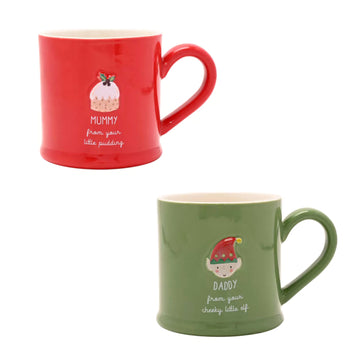 Christmas Mug Set Mummy Daddy Ceramic 300ml Embossed Elf and Pudding Gift Cups