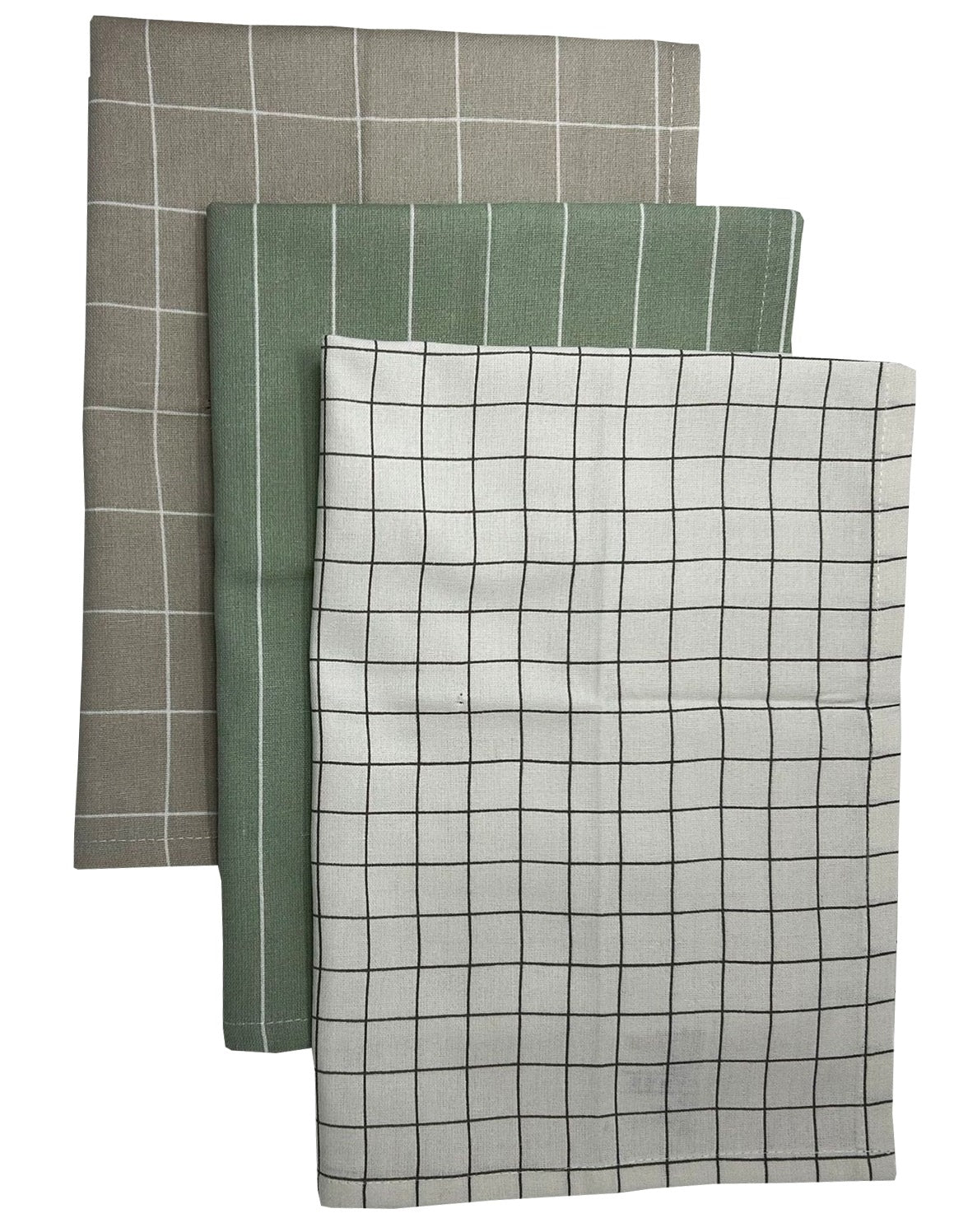 3pk Striped & Checked Kitchen Tea Towel - Green & Natural