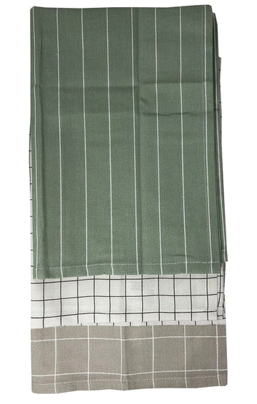 3pk Striped & Checked Kitchen Tea Towel - Green & Natural