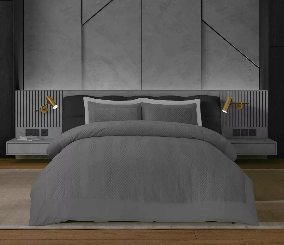 Signature Full Velvet Herringbone Duvet Cover Set, King, Charcoal Grey