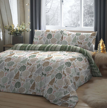 Winter Forest Check Flannelette Duvet Cover, Double, Green