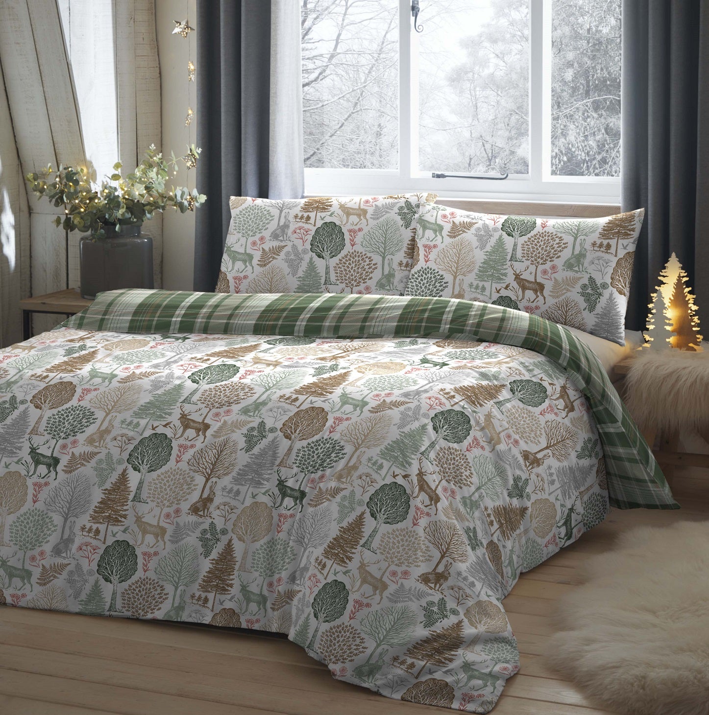 Winter Forest Check Flannelette Duvet Cover, King, Green