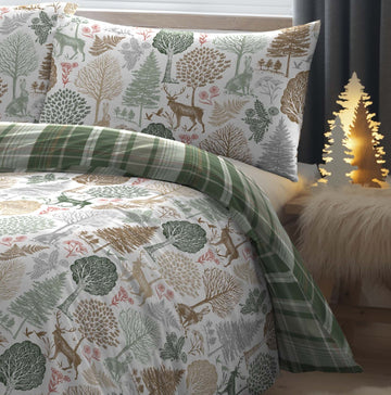 Winter Forest Check Flannelette Duvet Cover, King, Green