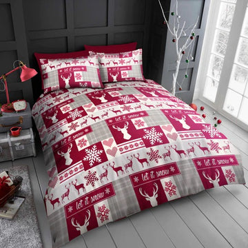 Let It Snow Winter Patchwork Duvet Cover Set, King, Red