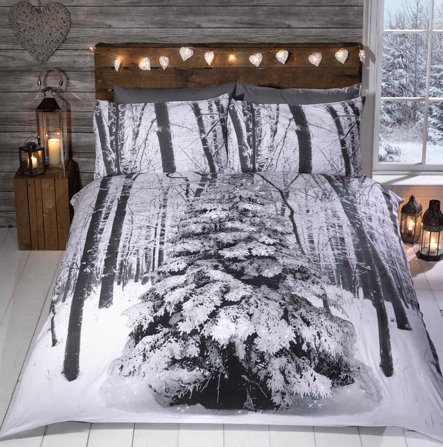 Winter Sparkle Snow Glitter Tree King Duvet Cover Set