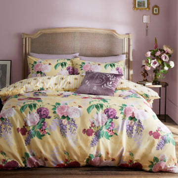 Catherine Lansfield Wisteria Roses Flower Print Duvet Cover Set, King, Yellow