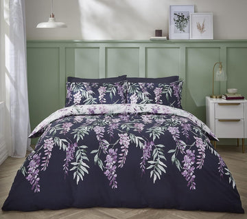 Catherine Lansfield Wisteria Floral Duvet Cover Set, King, Navy