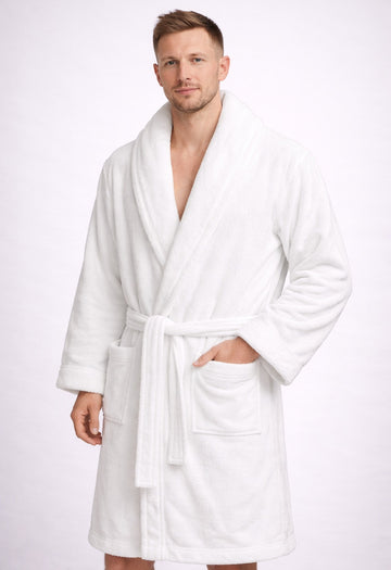 Terry Towelling Bathrobe Cotton Shawl Collar Dressing Gown, White