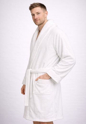 Terry Towelling Bathrobe Cotton Shawl Collar Dressing Gown, White