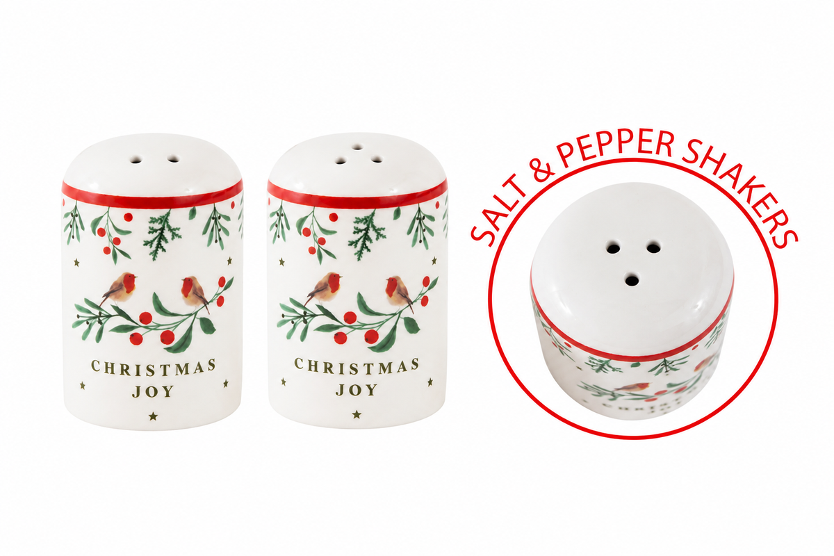 Ceramic Robin Holly Design Christmas Joy Salt & Pepper Shakers Set