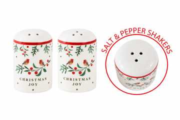 Ceramic Robin Holly Design Christmas Joy Salt & Pepper Shakers Set