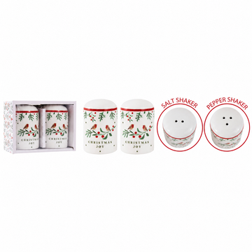 Ceramic Robin Holly Design Christmas Joy Salt & Pepper Shakers Set