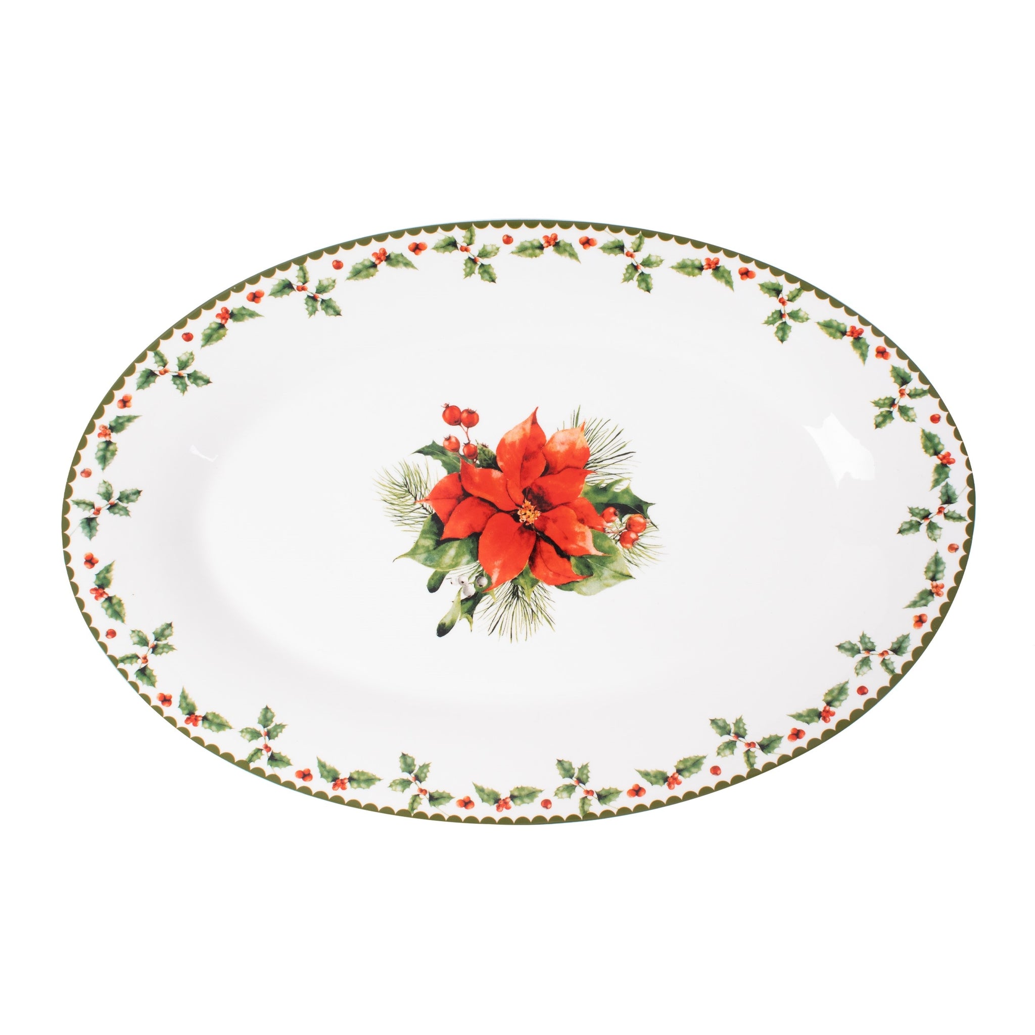 40cm Christmas Holly Design Porcelain Oval Serving Plate