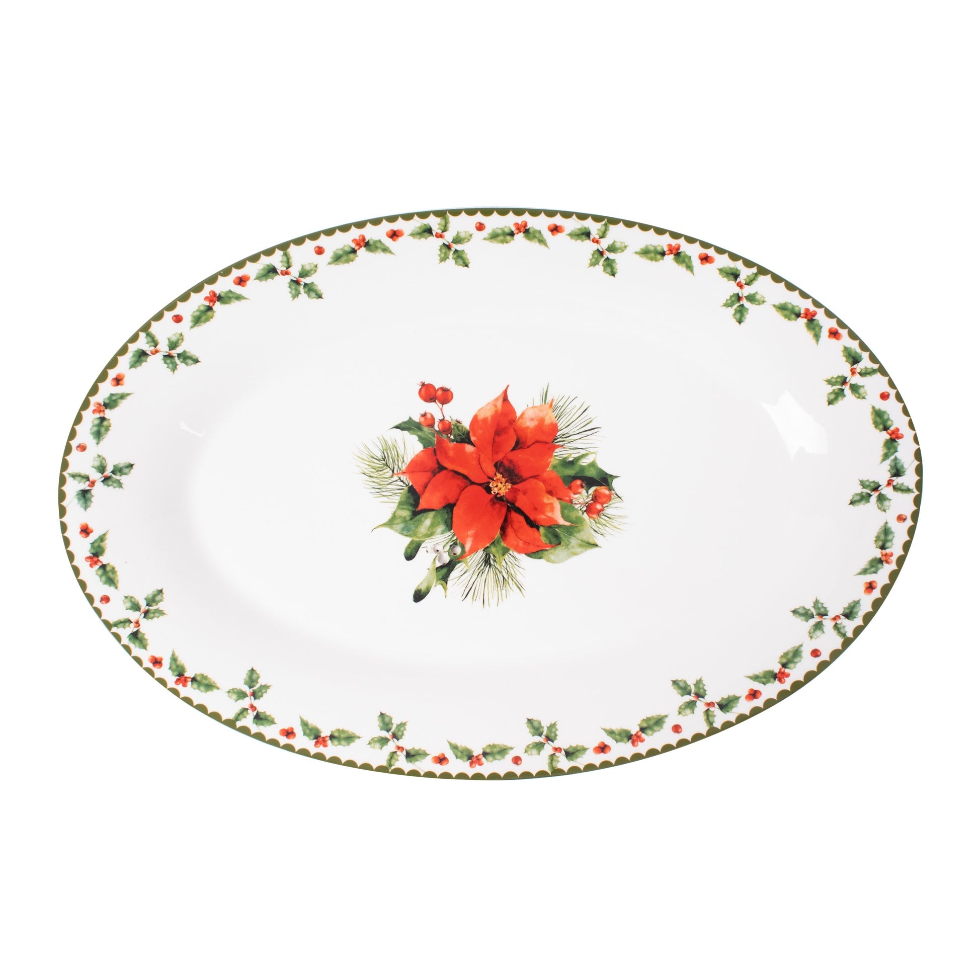 40cm Christmas Holly Design Porcelain Oval Serving Plate