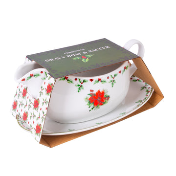 Christmas Holly Design Porcelain Gravy Boat & Saucer Set