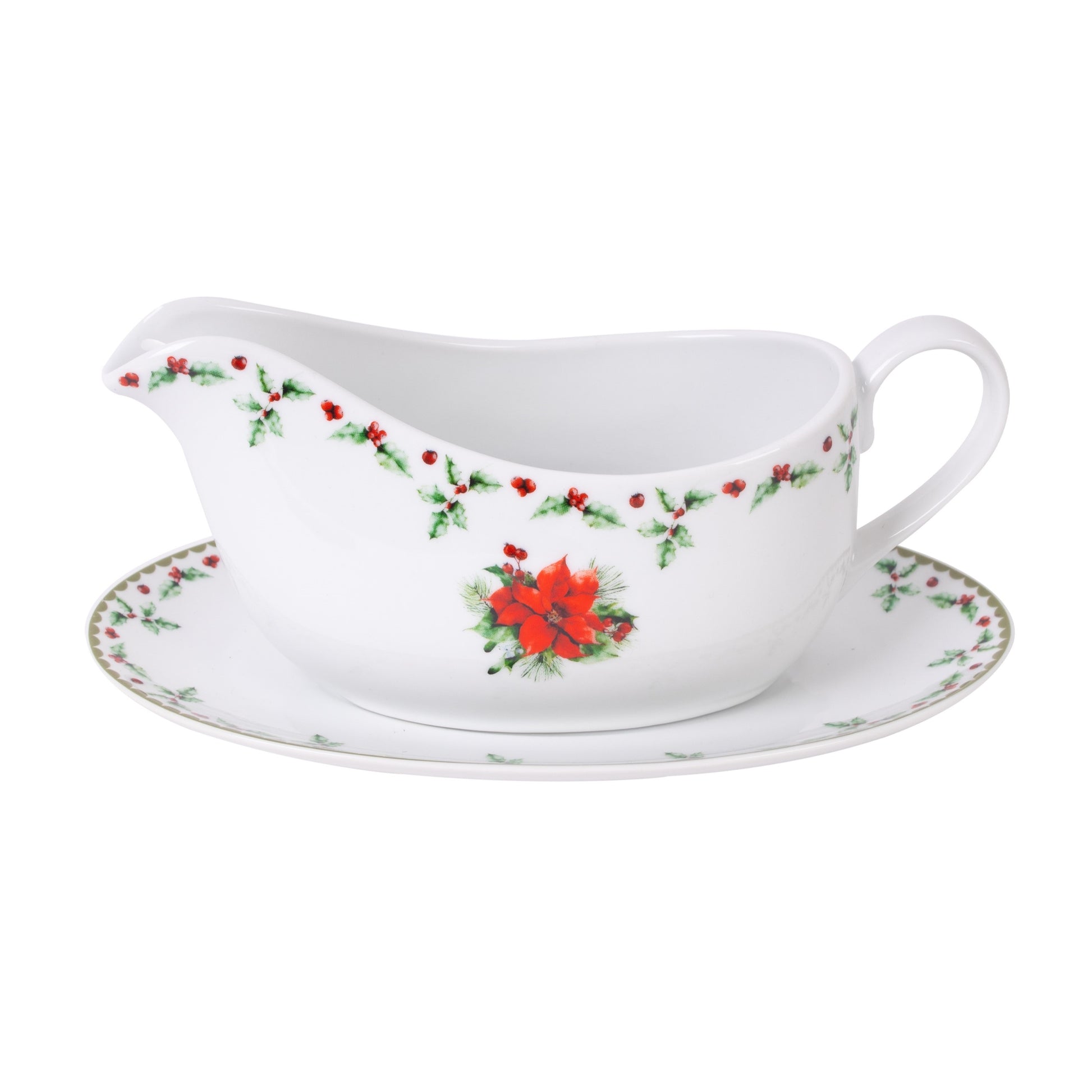 Christmas Holly Design Porcelain Gravy Boat & Saucer Set