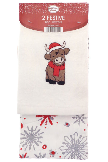 Embroidered Highland Cow Kitchen Tea Towel Set 2pk - New