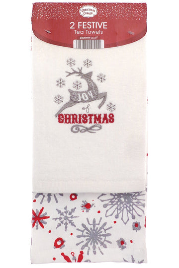 Embroidered Christmas Stag Kitchen Tea Towel Set 2pk - New