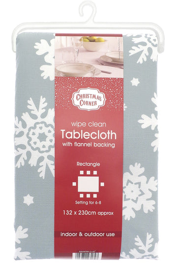 Snow Flakes Wipe Clean Table Cloth 132x230cm - Silver Grey