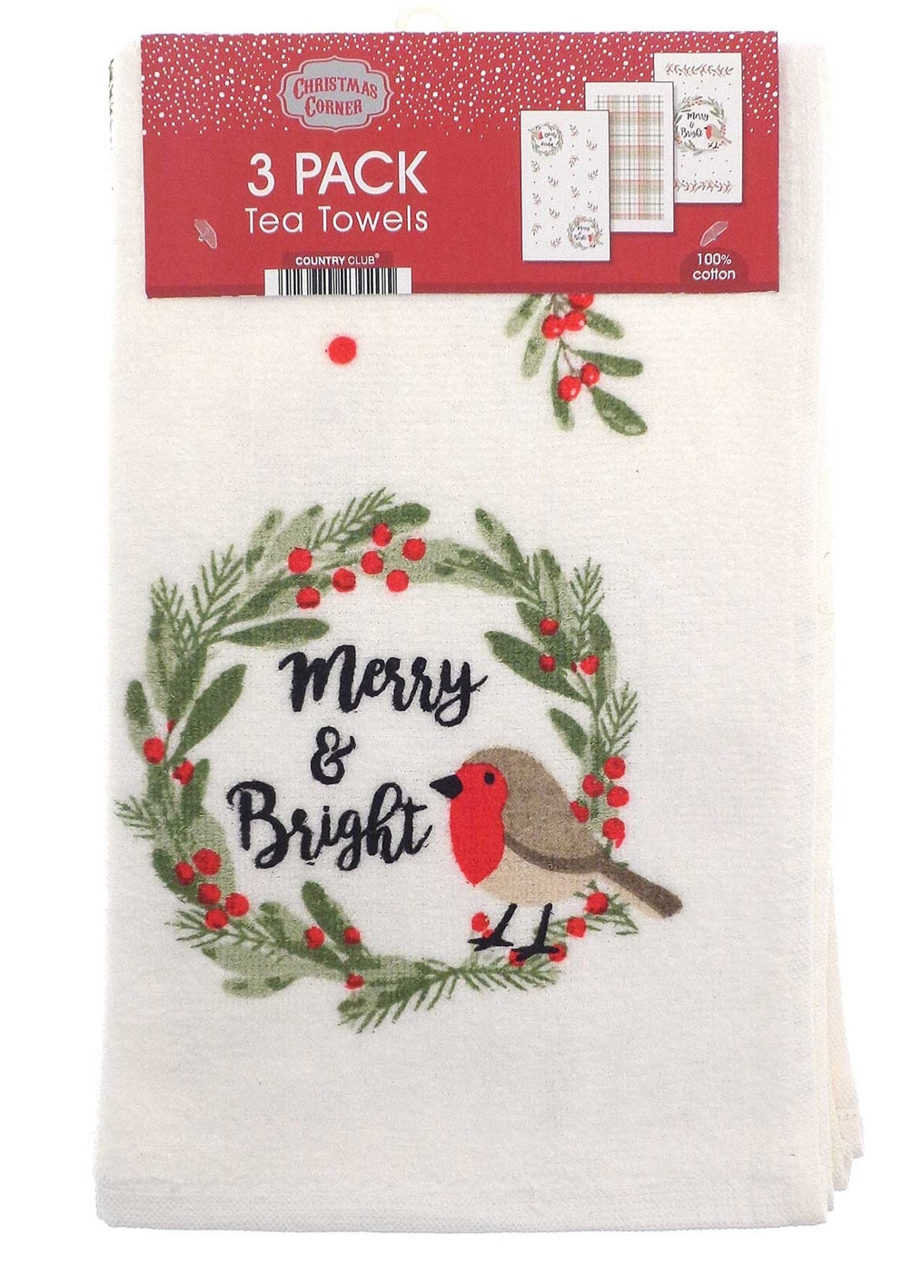 3pk Berry Botanical Robin Kitchen Tea Towel - Red & Green