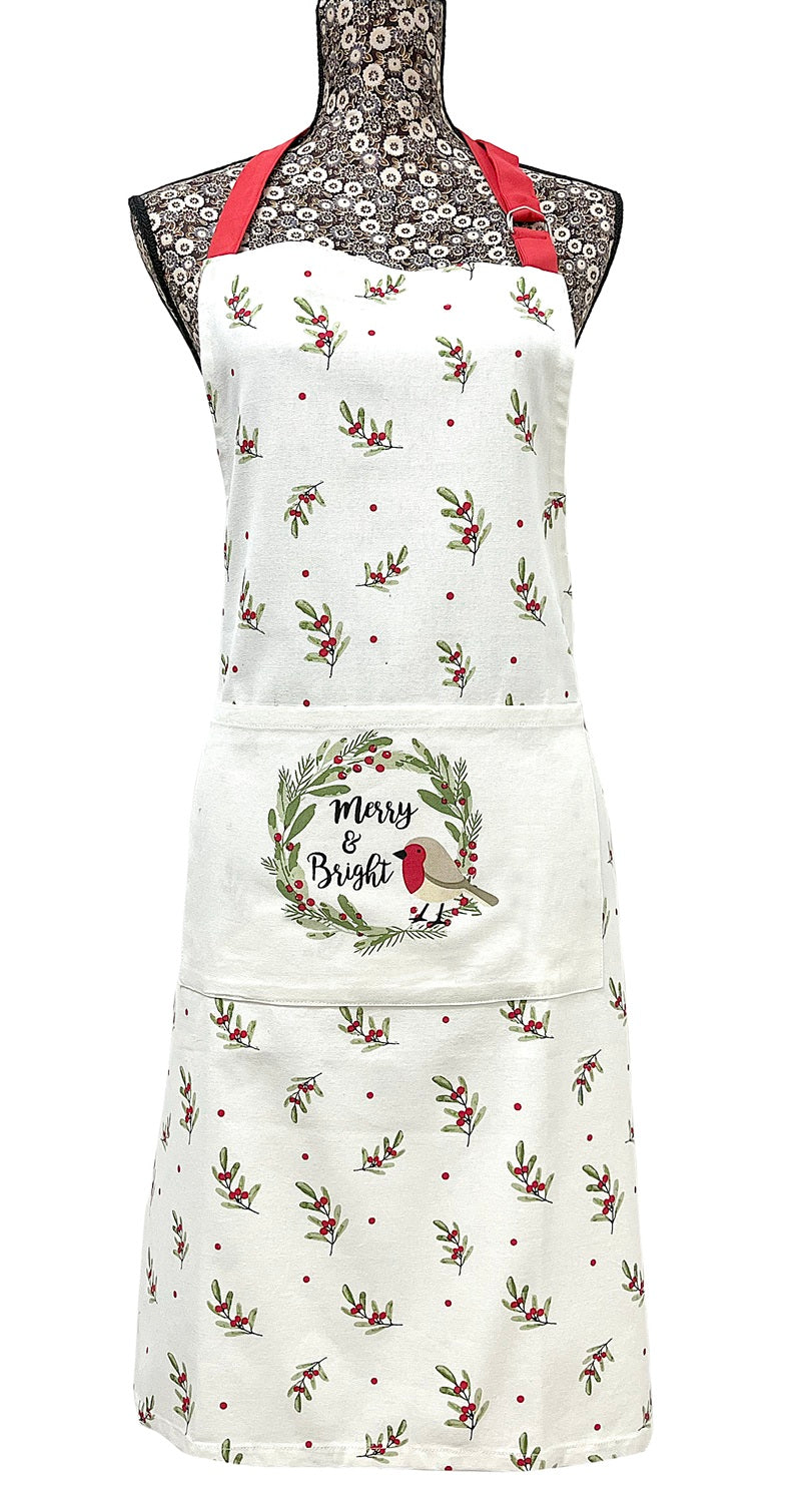 Berry Botanical Robin 100% Cotton Apron With Pocket - Green & Red