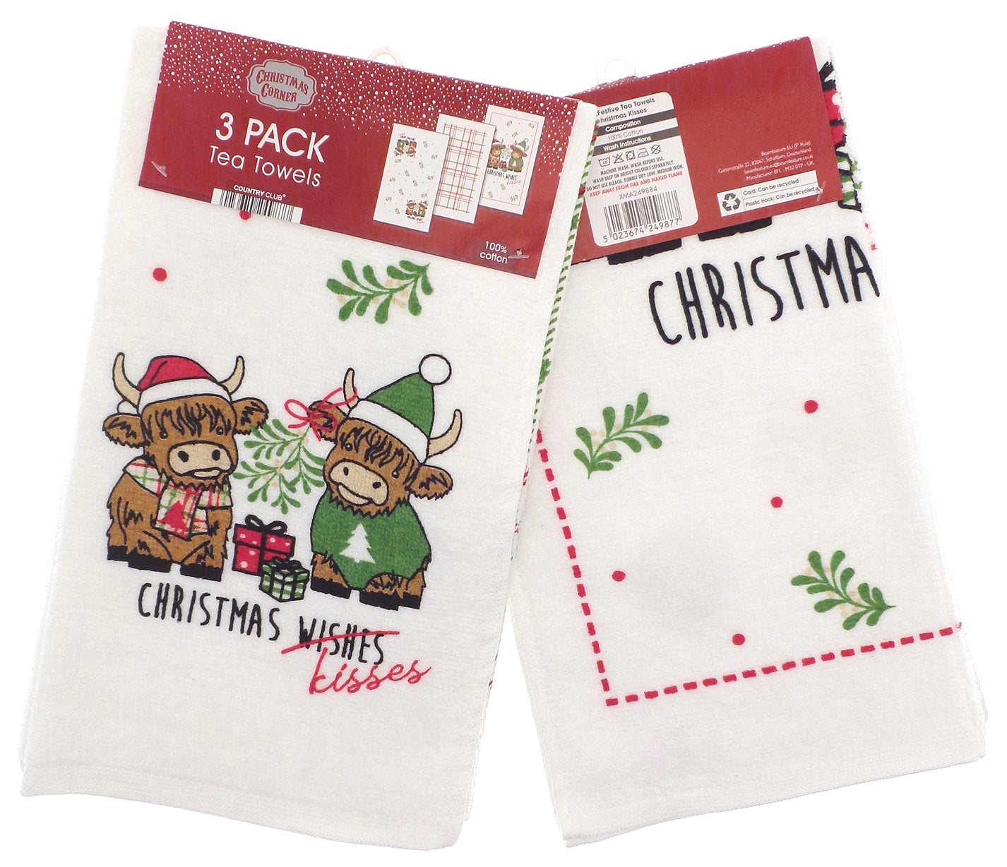 Highland Cow Christmas Kisses Kitchen Tea Towels, 3pk