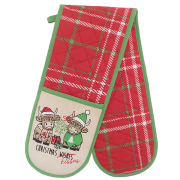 Highland Cow Christmas Kisses Double Oven Gloves - Green & Red