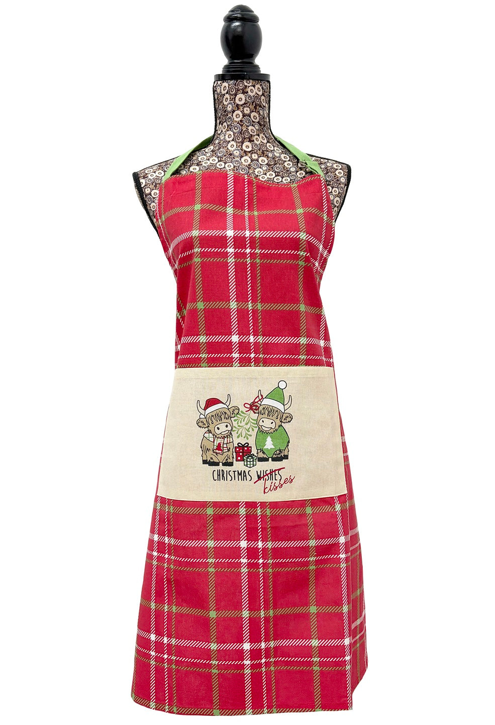 Highland Cow Christmas Kisses 100% Cotton Apron With Pocket - Red