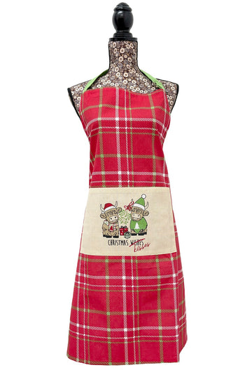 Highland Cow Christmas Kisses 100% Cotton Apron With Pocket - Red