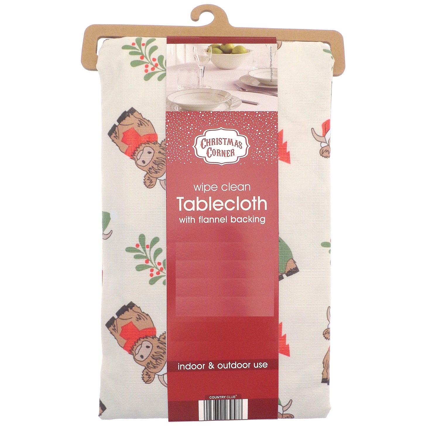 Highland Cow Christmas Kisses Dining Table Cloth 132x230cm - Red & Green