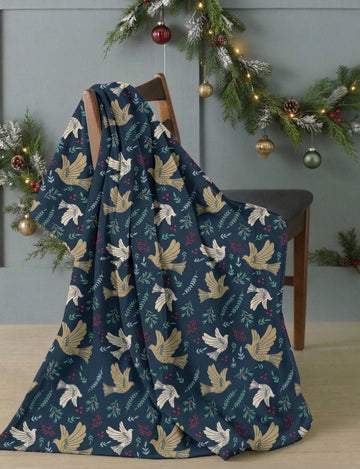 Festive Doves Flannel Blanket Throw, 120x150cm, Navy
